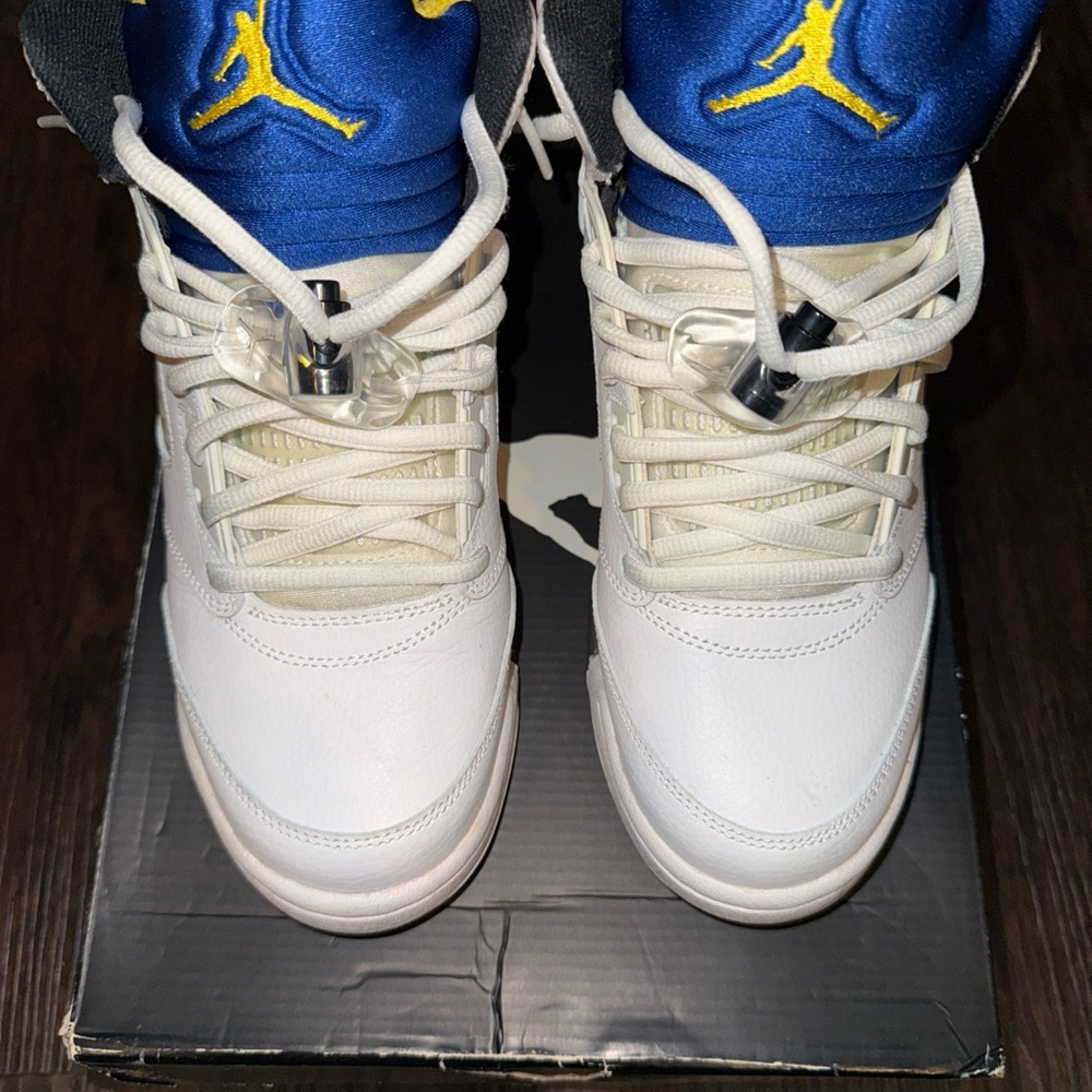 Jordan White and Blue Sneakers with Yellow Accents